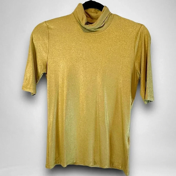 Lauren Ralph Lauren short sleeve turtle neck sparkly gold top Sizes S/P & XL - Picture 1 of 9
